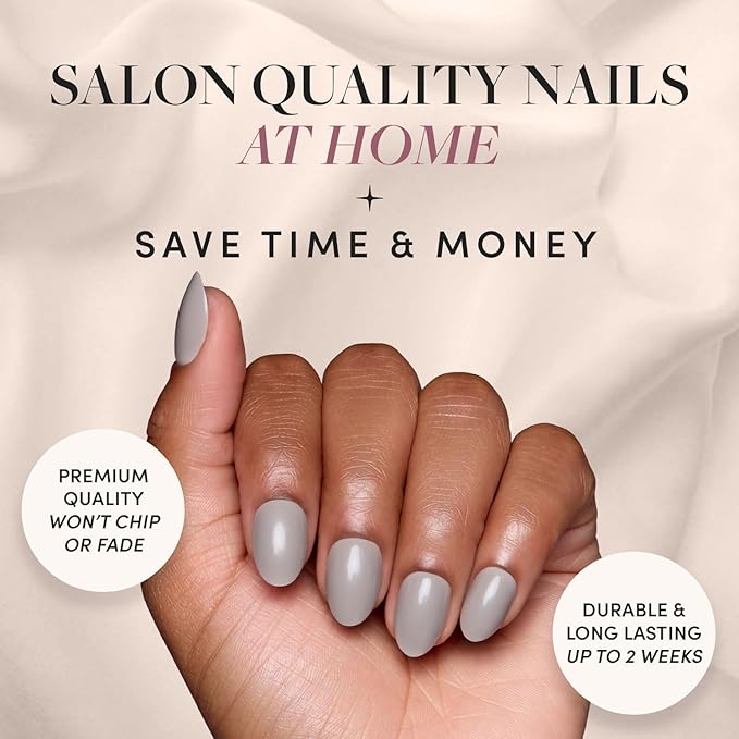 Glamnetic Press On Nails - Pure Gray | Opaque Light Gray Short Oval Fake Nails, Salon Quality | 15 Sizes - 30 Nail Kit