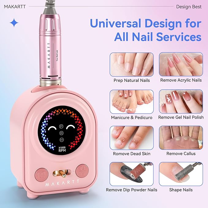 Makartt Electric Nail Drill - Professional 35000RPM E-File Machine Portable Nail Drill Kit with Drill Bits,Cute Compact Efile Salon Use Low Noise Manicure Pedicure for Acrylic Gel Nails Pink