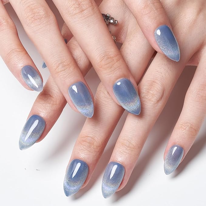 GLAMERMAID Blue Cat Eyes French Tip Press on Nails Short Almond, Rainbow Magnet Handmade Gel Fake Nail Kit, Ombre Glitter Magnetic Glue on Nail Stiletto, Medium Oval Stick on False Nail Set for Women