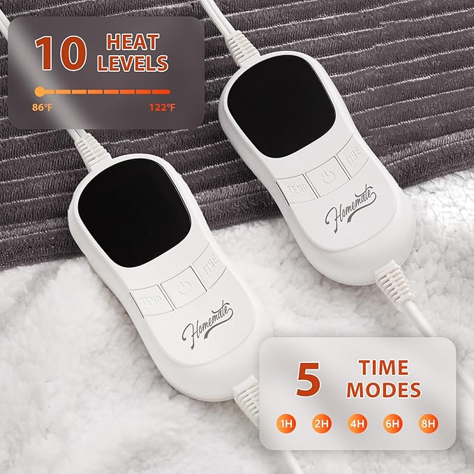 Homemate Electric Heated Blanket Queen Size - 84"x90" Heating Blanket Queen Size Dual Control 1/2/4/6/8 Hours Auto-Off 10 Heat Level Over-Heat Protection Soft Flannel Sherpa ETL Certification