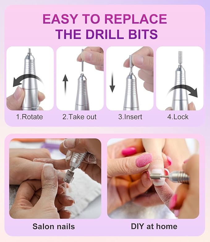 Electric Nail Drill Professional, 45000 RPM Rechargeable Nail Drill Kit, Electric Nail File for Acrylic, Manicure & Pedicure & Polishing Tools for Home Salon, Pink