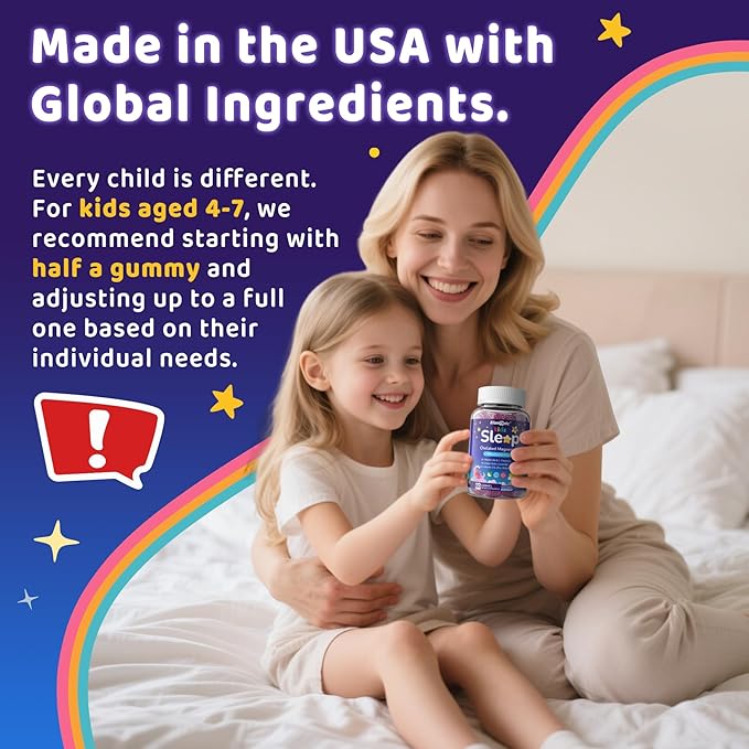 Kids Sleep Gummies, NO Melatonin Sleep Aid Gummies w/Magnesium Glycinate, Magnesium Malate, L-Theanine, Lavender, B6, Zinc, D3K2 for Restful Sleep, Relax Brain & Muscle, Immune Support, Non-GMO 1Pack
