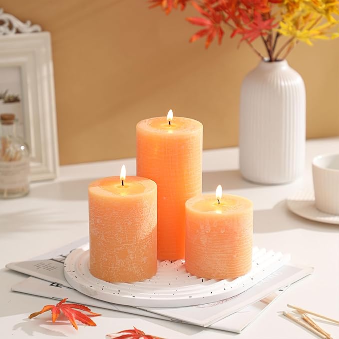 3x4 Inch Fall Yellow Pillar Candles Set of 3 - Unscented Fall Candles, Large Big Candles, Smokeless Dripless Candles for Dinner Fall Table Decor, Home Rustic Decor, Fall Centerpieces for Table