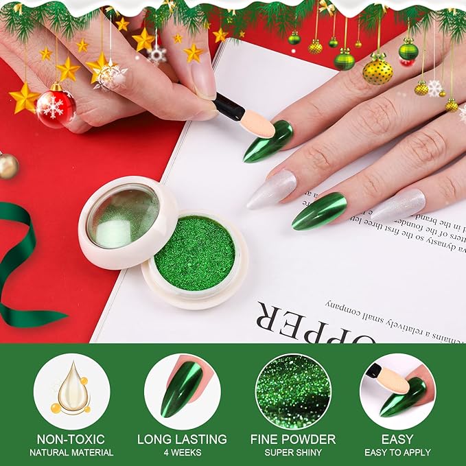 Green Chrome Nail Powder - Holographic Mirror Metallic Effect Powder For Christmas DIY Nail Art