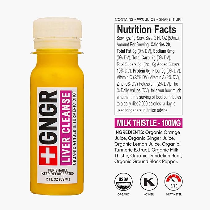 +GNGR Liver Cleanse Shot, Cold-Pressed Ginger Shot with Milk Thistle, Dandelion Root, Turmeric Root, Immunity Shot for All Natural Liver Support, Detox, Digestion, Cleanse 2 fl oz (Pack of 12)