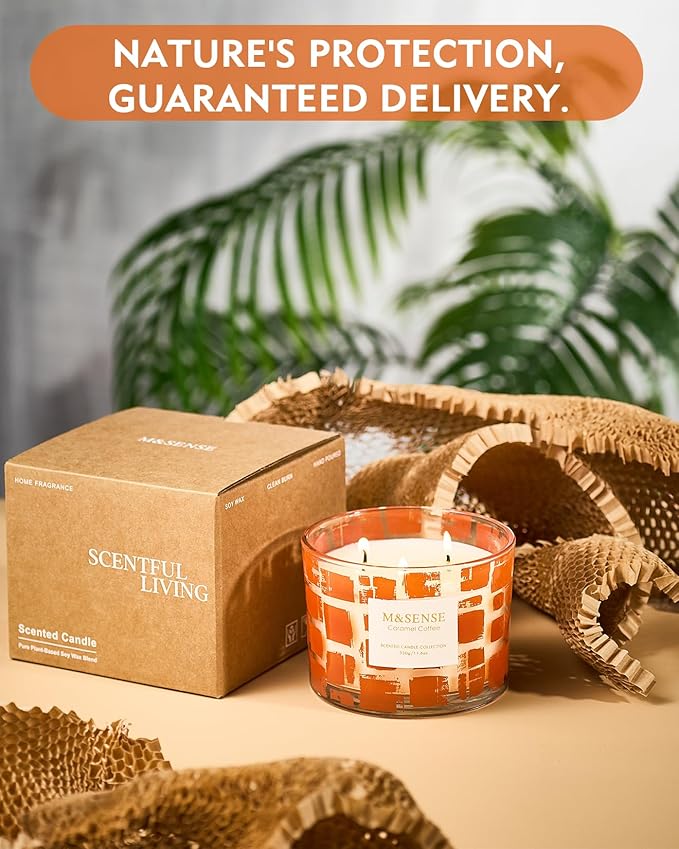 M&SENSE 3 Wick Caramel Coffee Scented, 11.6oz 60H Slow Burn, Soy Organic Wax Non Toxic Long Lasting, Jar Candle for Coffee Lover, Relaxing Aromatherapy Gifts for Women