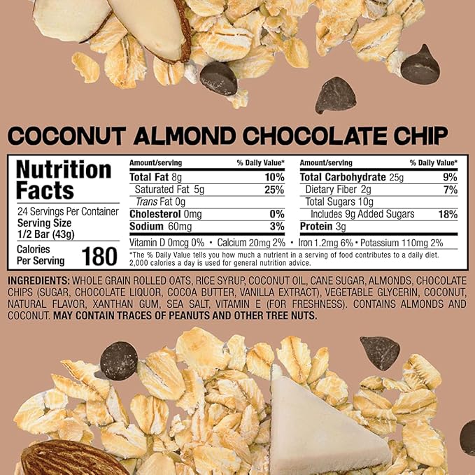 Bobo's Oatmeal Bars, Coconut Almond Chocolate Chip, Gluten Free Vegan Whole Grain Oat Bars, Pack of 12