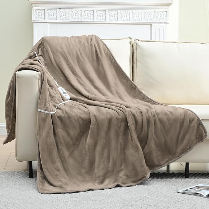 Sunable Heated Electric Throw - Machine Washable Soft Comfortable Heating Blanket with 4 Heat Settings 50×60 inches Taupe - Velvet