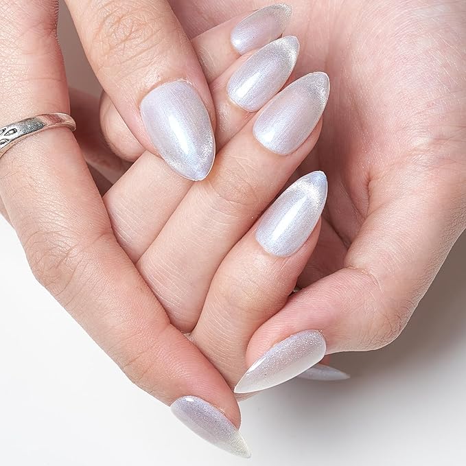 GLAMERMAID French Tip Magnet Cat Eyes Press on Nails Short Almond, Nude White Handmade Jelly Gel Fake Nail, Ombre Pearl Glitter Magnetic Glue on Nail Stiletto, Medium Oval Stick False Nail for Women