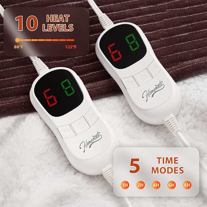 Homemate Electric Heated Blanket Queen Size - 84"x90" Heating Blanket Queen Size Dual Control 1/2/4/6/8 Hours Auto-Off 10 Heat Level Over-Heat Protection Soft Flannel Sherpa ETL Certification