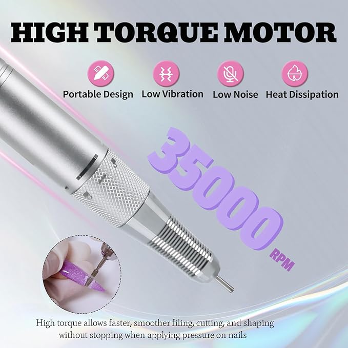 Electric Nail Drill Machine 35000RPM Professional Portable Nail File Cordless Rechargeable Nail Efile for Acrylic Gel Nails Manicure Pedicure Polishing Shape Tools for Salon (White)