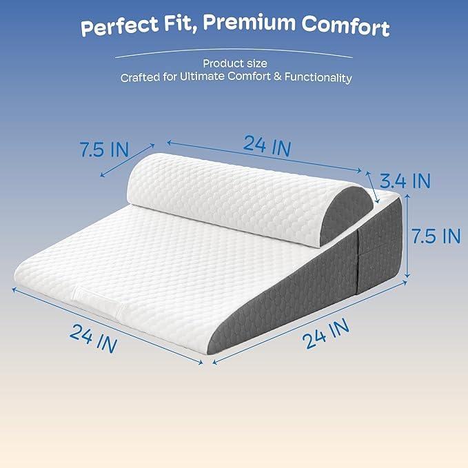7.5" Bed Wedge Pillow for Sleeping with Headrest, Wedge Pillow Set for After Surgery Acid Reflux Back Pain Relief, Snoring & Gerd Memory Foam Triangle Incline Headboard Wedge Pillows