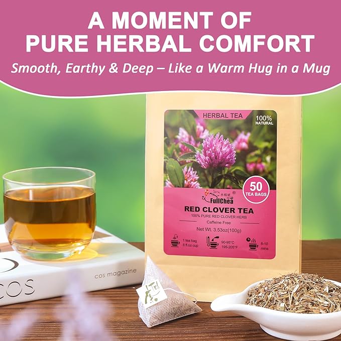 Fullchea - Red Clover Tea Bags, 50 Teabags - Pure Red Clover Herb - Non-GMO - Caffeine-Free - Rich in Antioxidants & Supports Wellness