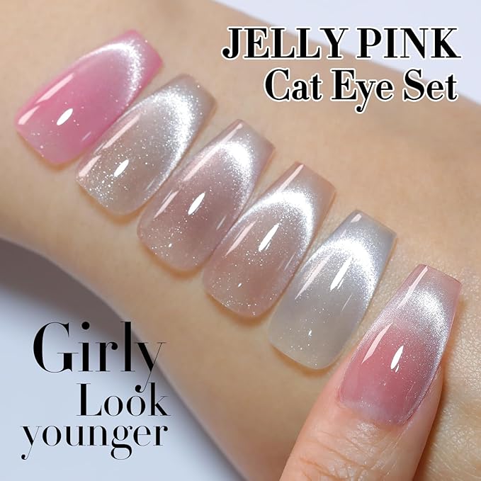 Double Rhythm 6 Colors Cat Eye Gel Polish Set Shimmer Glitter with Magnet Holographic Reflective Magnetic UV Nail Art Kit (6-Kit 14)