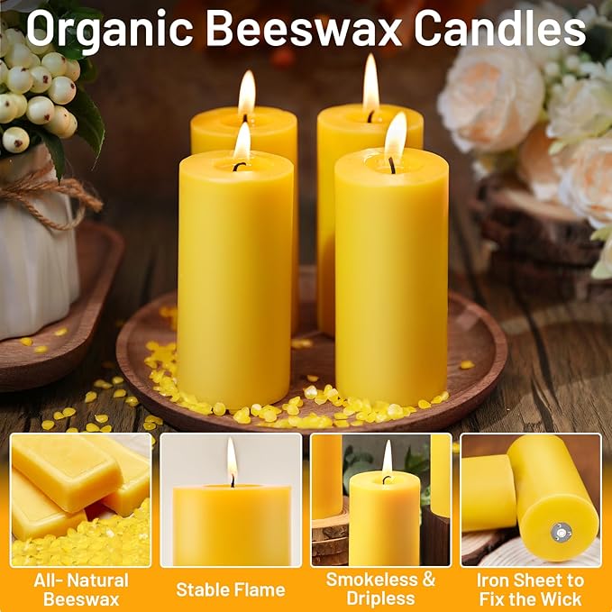 6 Pack Natural Beeswax Pillar Candles, 210 Hours Long Burning, 100% Pure Bees Wax Candles, Organic Emergency Beeswax Candles Bulk for Home Room Prayer Parties Relax, Smokeless & Dripless 2x4in