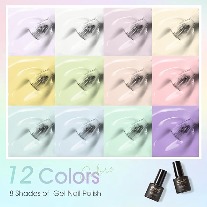 ROSALIND Macaron Gel Nail Polish Set, 12 Colors White Yellow Green Gel Polish Light Pink Candy Colors Gels Polish Set Soak Off Pastel Spring Summer Gel Polish Kit for Nail Art Gift