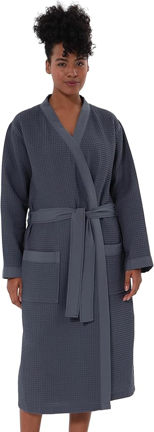 SEYANTE Women’s Luxury Waffle Shawl Collar, Hooded Robe w Piping – Lightweight, Long, Ultra Soft Spa Sleepwear Bathrobe