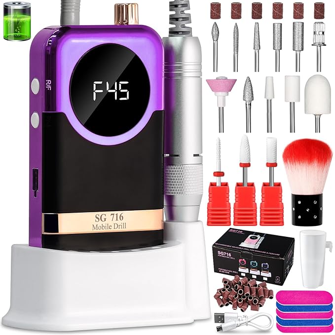 LIMEGIRL Professional Electric Nail Drill Kit 45000RPM Portable Cordless Toenail Cordless Toenail Machine with 14 Drill Bits and Base for Women (Purple)