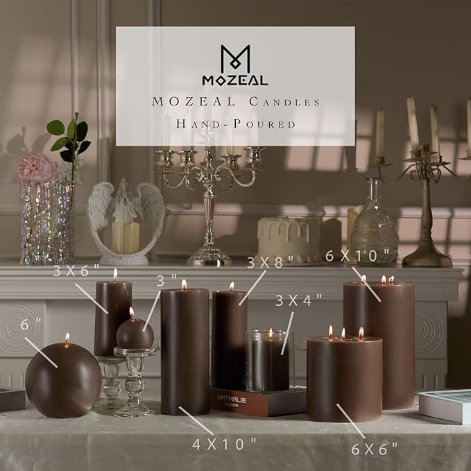 MOZEAL 4" x 10" Extra-Large Taupe Gray Pillar Candles (Set of 2), Unscented, Dripless, Smokeless, Long Clean-Burning, Tall 10 inch Large Taupe Gray Pillar Candles for Winter Elegance