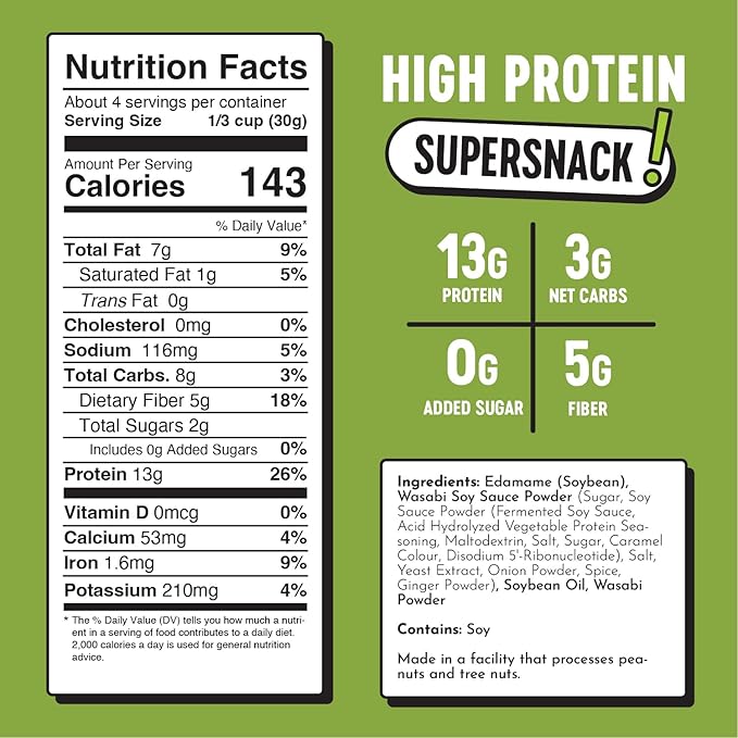 The Only Bean Edamame Dry Roasted Edamame Beans Snack (Wasabi Soy Sauce), Wasabi Peas Alternative, Asian Japanese Snacks, Healthy High Protein Snacks, Low Carb, Gluten Free, 4oz (Pack of 3)