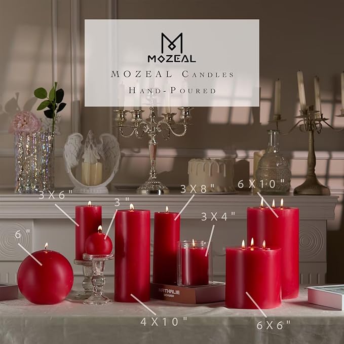 MOZEAL 3" x 8" Hand-Poured Unscented Large Candle,Smokeless Rustic Pillar Candle Set of 2,Slow Burn,No Drip,Approx 150 Hours Burning,Wedding,Dinner,Christmas and Home Decorative,Tall Red Candle