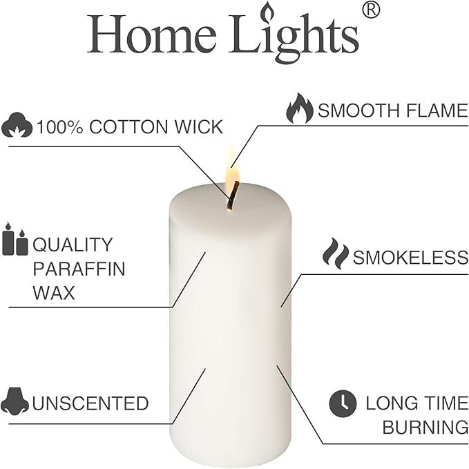 HomeLights Pillar Candles - 2.7x8 inch | 80 Hours Burning, 6 Count - White Unscented Smokeless European Pillar Candles - Perfect for Wedding, Parties, Spas, Home Gatherings and Dinner