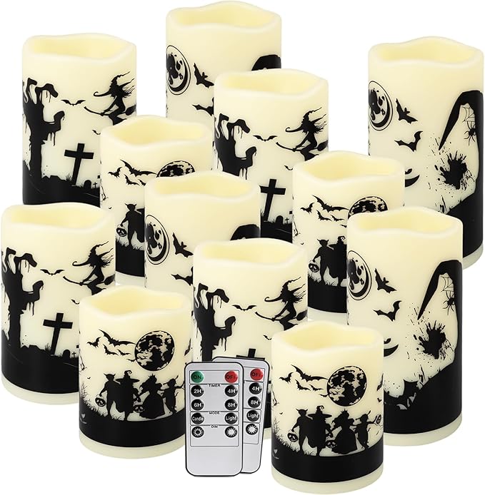 12-Pack Halloween LED Flameless Pillar Candles - Battery Operated with Remote & Timer, Flickering Warm Light, Witch/Bats/Castle Decals - Spooky Halloween Decor, Ghost Party Supplies, Gifts