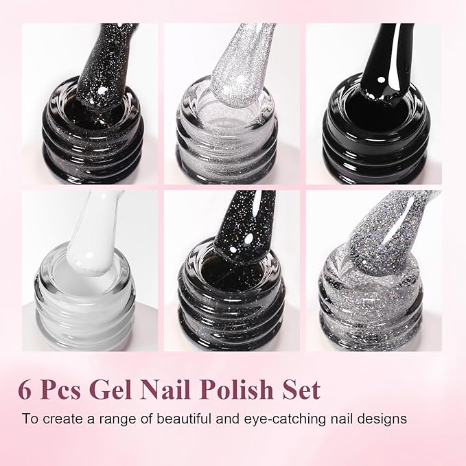 10ml Hema Free Gel Nail Polish Set, 6 Colors Cat Eye Black White Gray Silver Glitter Shimmer Gel Polish Kit with Magnet Sparkle Galaxy Series Soak Off Manicure for Salon and Nail Art DIY