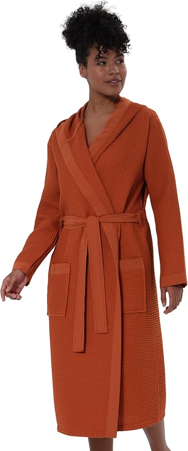 SEYANTE Women’s Luxury Waffle Shawl Collar, Hooded Robe w Piping – Lightweight, Long, Ultra Soft Spa Sleepwear Bathrobe