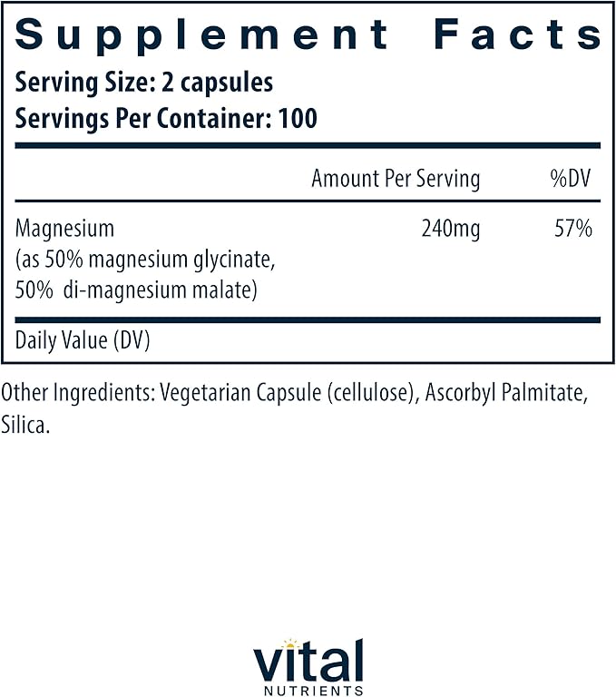 Vital Nutrients Magnesium Glycinate + Malate | 120mg Vegan Magnesium Supplement for Women and Men | Muscle, Heart, Bone Support* | Promotes Relaxation | Gluten, Dairy and Soy Free | 200 Capsules