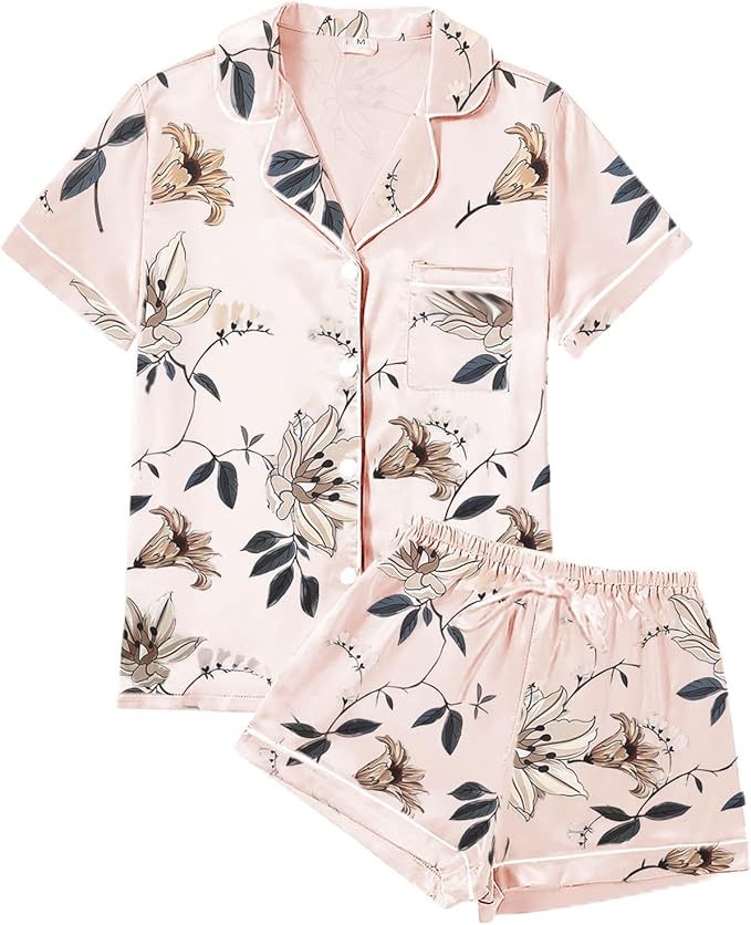 4Pcs Womens Satin Silky Pajama Sets Short Sleeve Shirt XS-4XL Floral Pajamas Set Soft PJ Loungewear Sleepwear