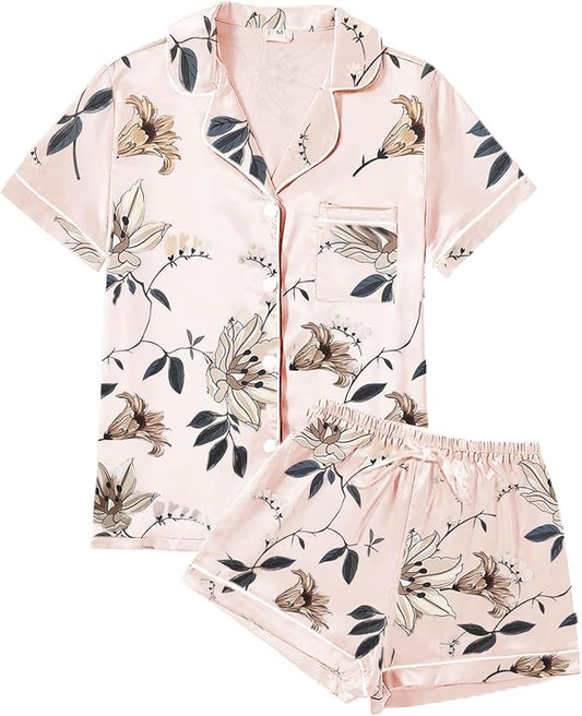 4Pcs Womens Satin Silky Pajama Sets Short Sleeve Shirt XS-4XL Floral Pajamas Set Soft PJ Loungewear Sleepwear