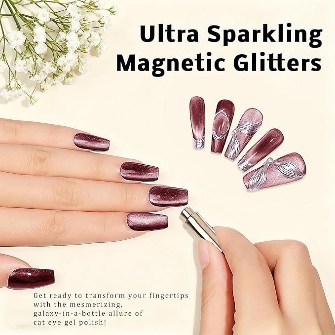 Gel Nail Polish Set, Cat Eye Gel Polish Kit, Scarlet Burgundy Carmine Dark Red Purple Holographic Reflective Magnetic Shimmer Gel, Manicure Salon DIY Gifts, Soak Off, UV/LED Cured (9 Colors A)