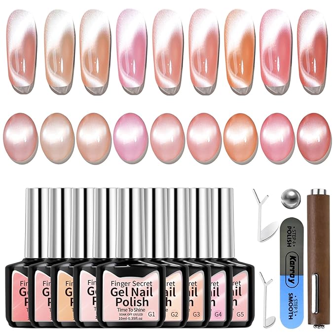 Gel Nail Polish Set, Cat Eye Gel Polish Kit, Holographic Reflective Magnetic Shimmer Glitter Nude Brown Pink Skin Tones Nail Art, Manicure Salon DIY Gifts, Soak Off, UV/LED Cured (9 Colors G)