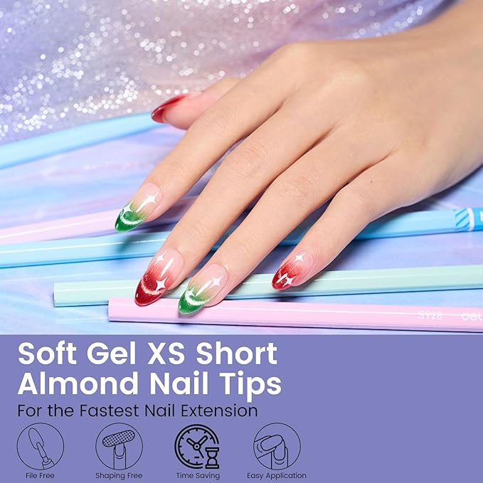 Extra Short Almond Nail Tips: 240Pcs Small Almond Shape Soft Gel Fake Nail Tips with Nail Stand, 12 Sizes Full Cover Clear Press on Nails for Girls for Home DIY Salon