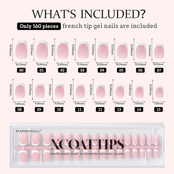 BTArtboxnails XCOATTIPS French Tip Nails - Short Press On Nails, 160 Pcs Pink Square Soft Gel Nail Tips Pre-applied Tip Primer & Base Coat, No Need File False Nails for Gift, 16 Sizes