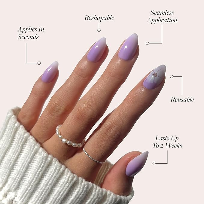Glamnetic Press On Nails - Lilac Reef | Short Almond Purple Fake Nails with Flower Accents, Salon Quality Summer Nails | 15 Sizes - 30 Nail Kit with Glue