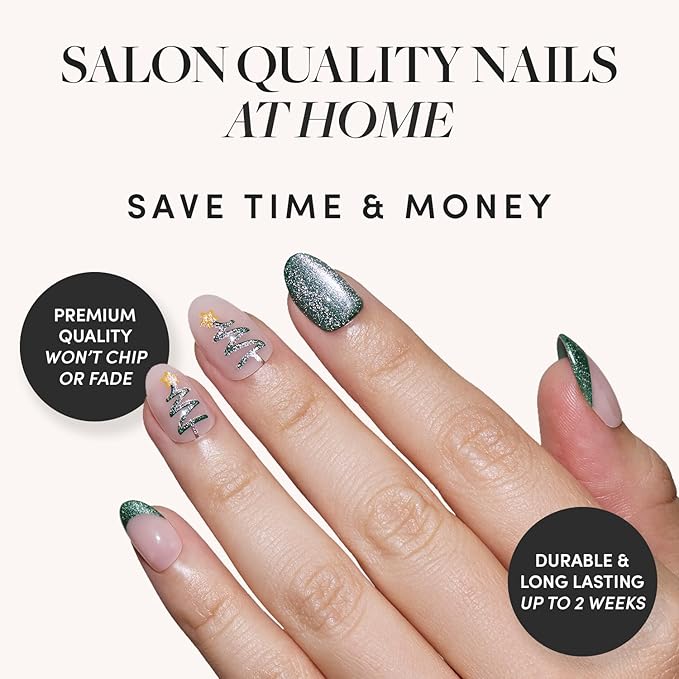Glamnetic Press On Nails - Velvet Pine | Short Oval Fake Nails in Deep Green with French Tips, Tree Designs and a Velvet Finish, Salon Quality Holiday Nails | 15 Sizes - 30 Nail Kit with Glue