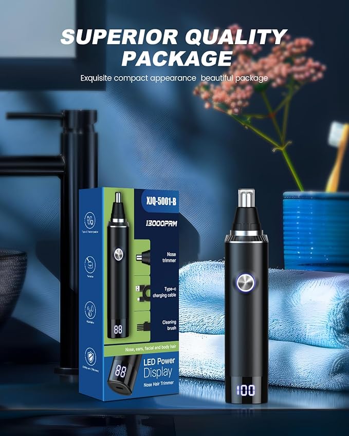 Ear & Nose Hair Trimmer with LED Display for Men Women,Painless USB Rechargeable Eyebrow & Facial & Nose Hair Trimmer Clipper,Professional IPX7 Waterproof Dual Edge Blades 13,000 RPM