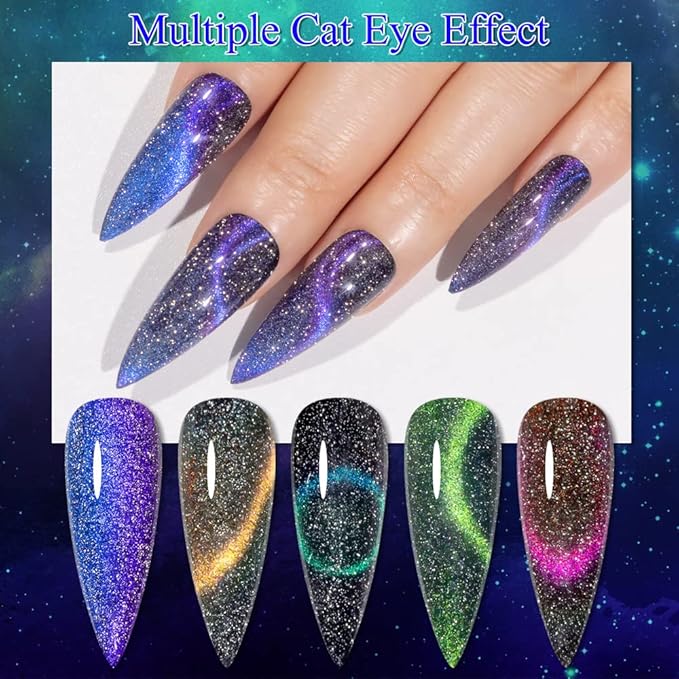MIZHSE Reflective Glitter 9D Cat Eye Gel Nail Polish, Galaxy Magnetic Gel Polish Set with Magnet Stick, Holographic Chameleon Shimmery Effect Soak Off Nail Art Manicure Kit