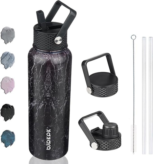 BJPKPK Insulated Water Bottles with Straw Lid, 40oz Stainless Steel Water Bottles with 3 Lids, BPA Free Leakproof Thermo, Tumblers, Cups for Sports, Gym- Midnight