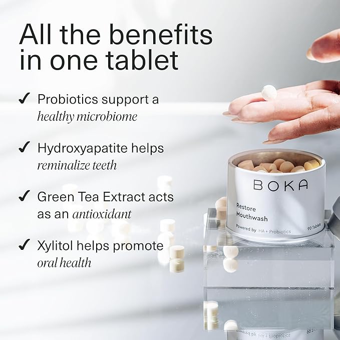 Boka Travel Size Mouthwash Tablets - Hydroxyapatite, Fluoride Free & Alcohol Free - Chewable Tablets to Freshen Breath, Kill Odor Quickly & Helps Remineralize Teeth - (Pack of 2, 90 Pcs, Mint)