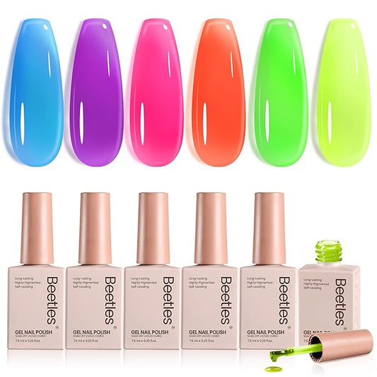 Beetles Neon Gel Nail Polish Set, 6 Colors Summer Jelly Gel Polish Kit Sheer Hot Pink Green Orange Purple Blue Yellow Translucent Effect Soak Off UV French Nail Art Manicure Gift for Women