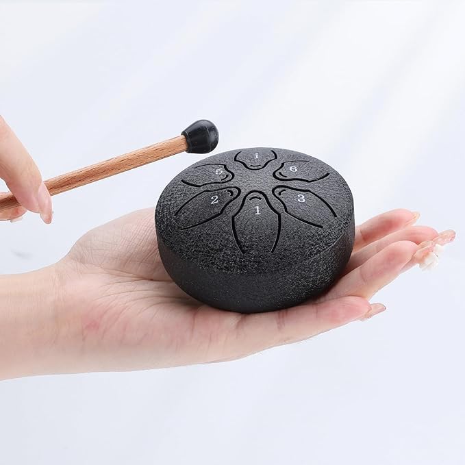 Facmogu Steel Tongue Drum, 6 Notes 3 Inches Rain Drum for Outside, Mini Rain Chime Drum with Bag, Music Book, Drumsticks, Waterlogging Rain Drum for Outside when It Rains - Black (Bowling Pattern)