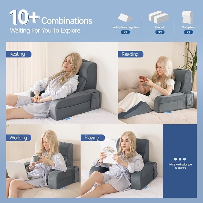 Kayfia Reading Pillow, 10 in 1 Back Pillow for Bed Sitting up with Detachable Arms Rest, Back Rest with Gel Memory Foam, Husband Pillow for Reading/Gaming/Working in Bed or Couch 19", Gray
