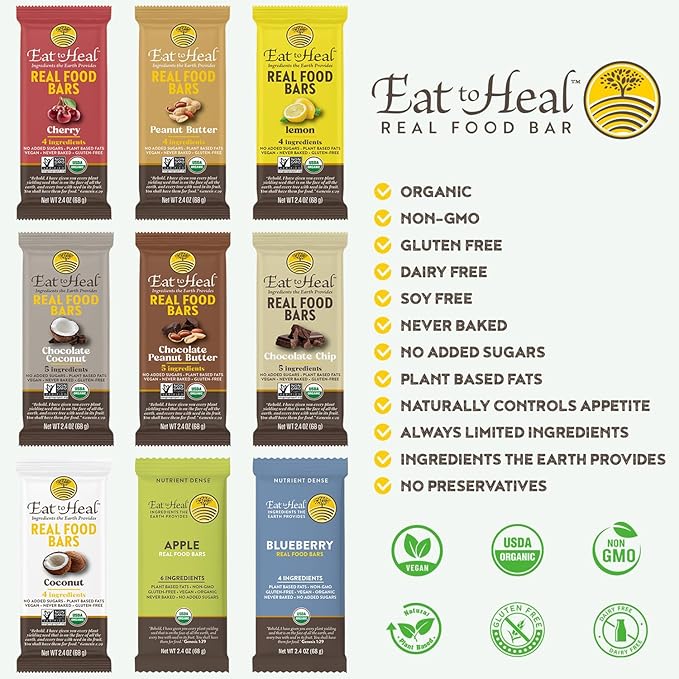 EatToHeal Variety Pack Real Food Bar - Organic Vegan Healthy Gluten Free Protein Bars - Low Sugar Meal Replacement Bar, Non GMO, Never Baked, Plant Based - Crafted to Enjoy, Not Sit on Shelves