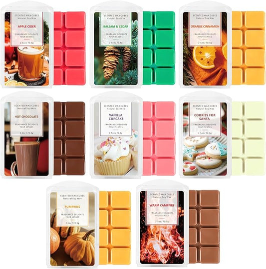 STRN Scented Fall Wax Melts 8 Pack Wax Cubes, Soy Wax Cubes for Warmer, Vanilla Cupcake, Orange Cinnamon, Balsam & Cedar, Warm Campfire, Apple Cider, Cookies for Santa, Pumpkins (8 x 2.5oz)