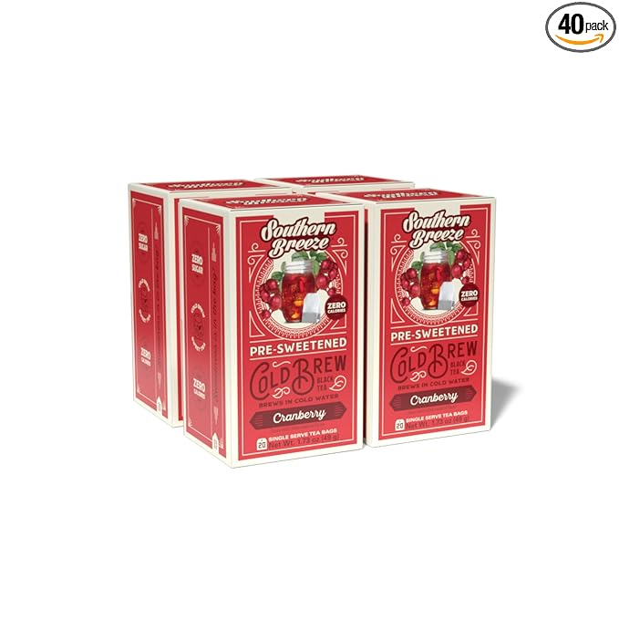 Southern Breeze Cold Brew Sweet Tea Cranberry Iced Tea with Black Tea and Zero Carbs Zero Sugar, 20 Individually Wrapped Tea Bags Pack of 4