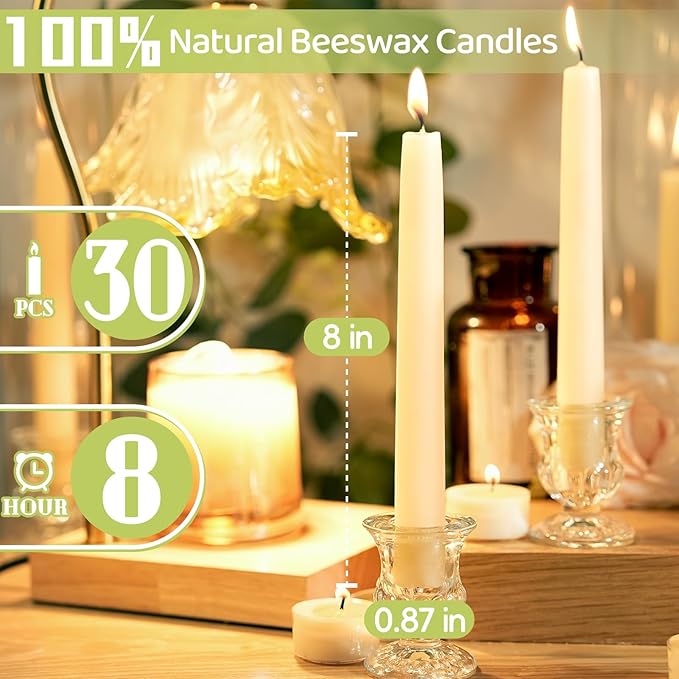 30 Pack Beeswax Taper Candles in Bulk 8 inch Tall - All Natural White Beeswax Candle Sticks,100% Pure Unscented Bee Wax Candle for Home, Dripless, 8 Hours Long Burning Time