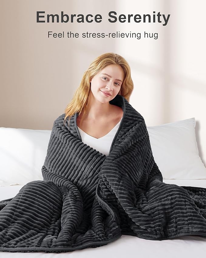 Sherpa Fleece Weighted Blanket with Ribbed Stripes for Adults, 15 lbs Dual Sided Cozy Warm Blanket for Couch Full Size Bed, Ceramic Beads Heavy Thick Blankets Great for Sleep, Dark Grey, 60" x 80"